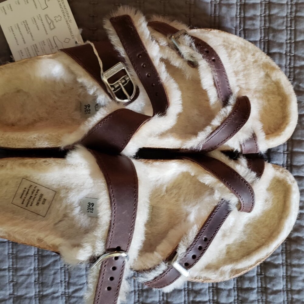 NWT! Birkenstock Mayari Shearling Brown Leather Sandals